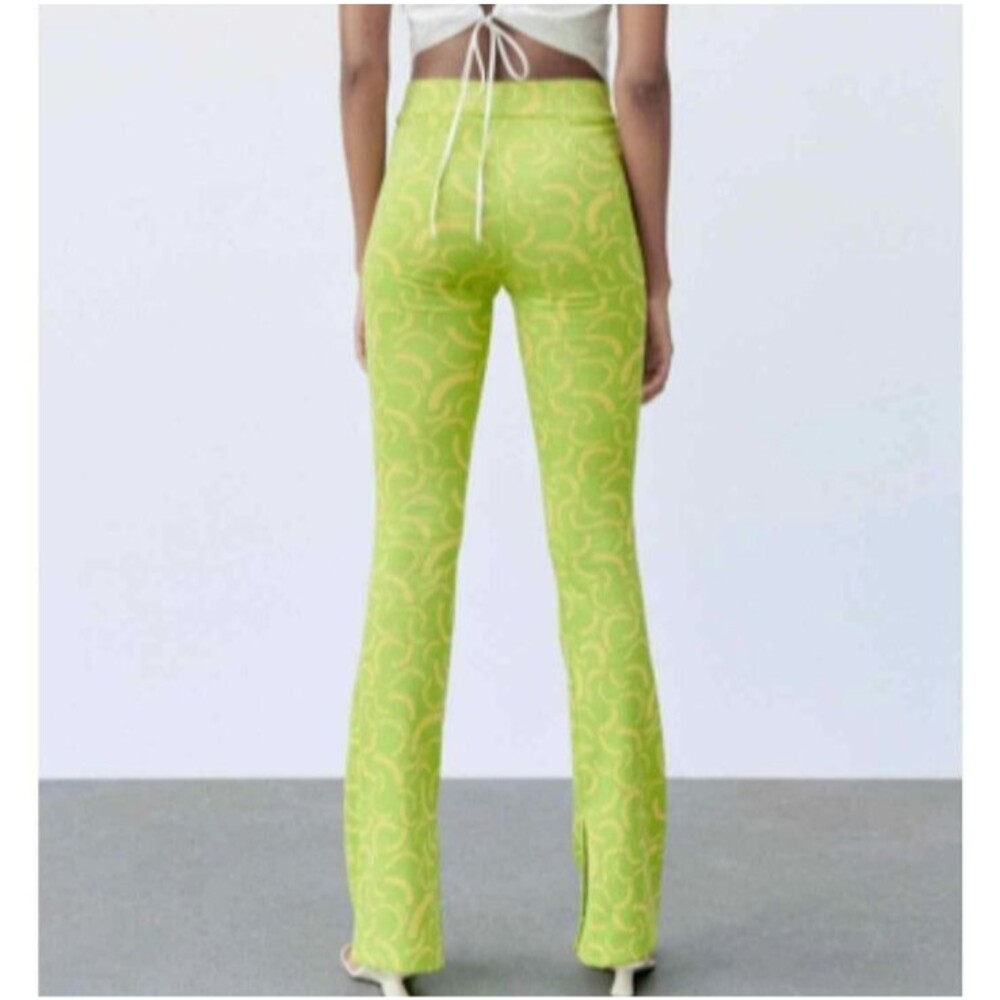 NWT Zara Green Yellow Flared Jacquard Pull On Pant Size XS Boho Retro Long